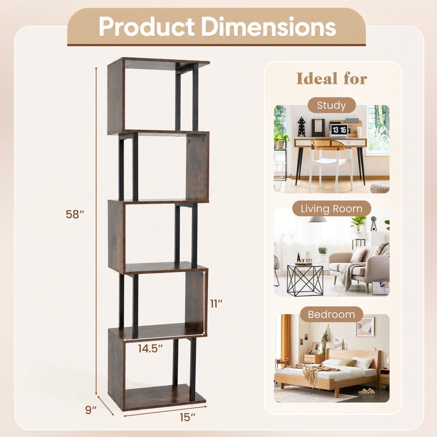 5-Tier S-Shaped Bookcase with cube shelves in dark wood and black metal frame anti-tip kit on Tampa Home & Garden Store