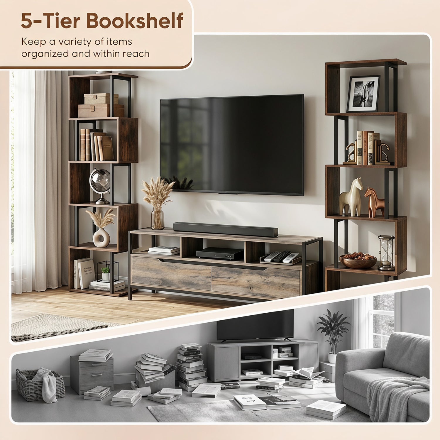 Pair of 5-Tier S-Shaped Bookcases by DirectDeals in dark wood with black metal beside TV on Tampa Home & Garden Store