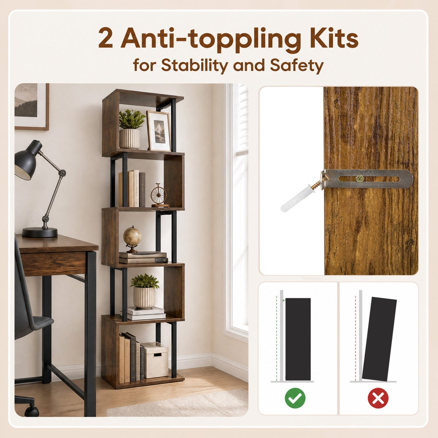 5-Tier S-Shaped Bookcase by DirectDeals with open cubes, dark wood finish, anti-tip kit on Tampa Home & Garden Store