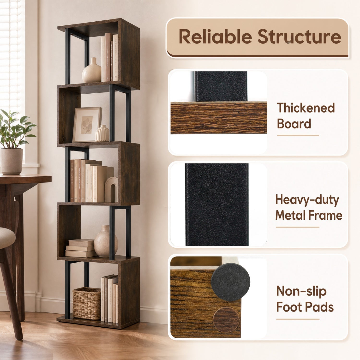 5-Tier S-Shaped Bookshelf with Open Cubes & Anti-Tip Kit, dark wood finish, DirectDeals on Tampa Home & Garden Store
