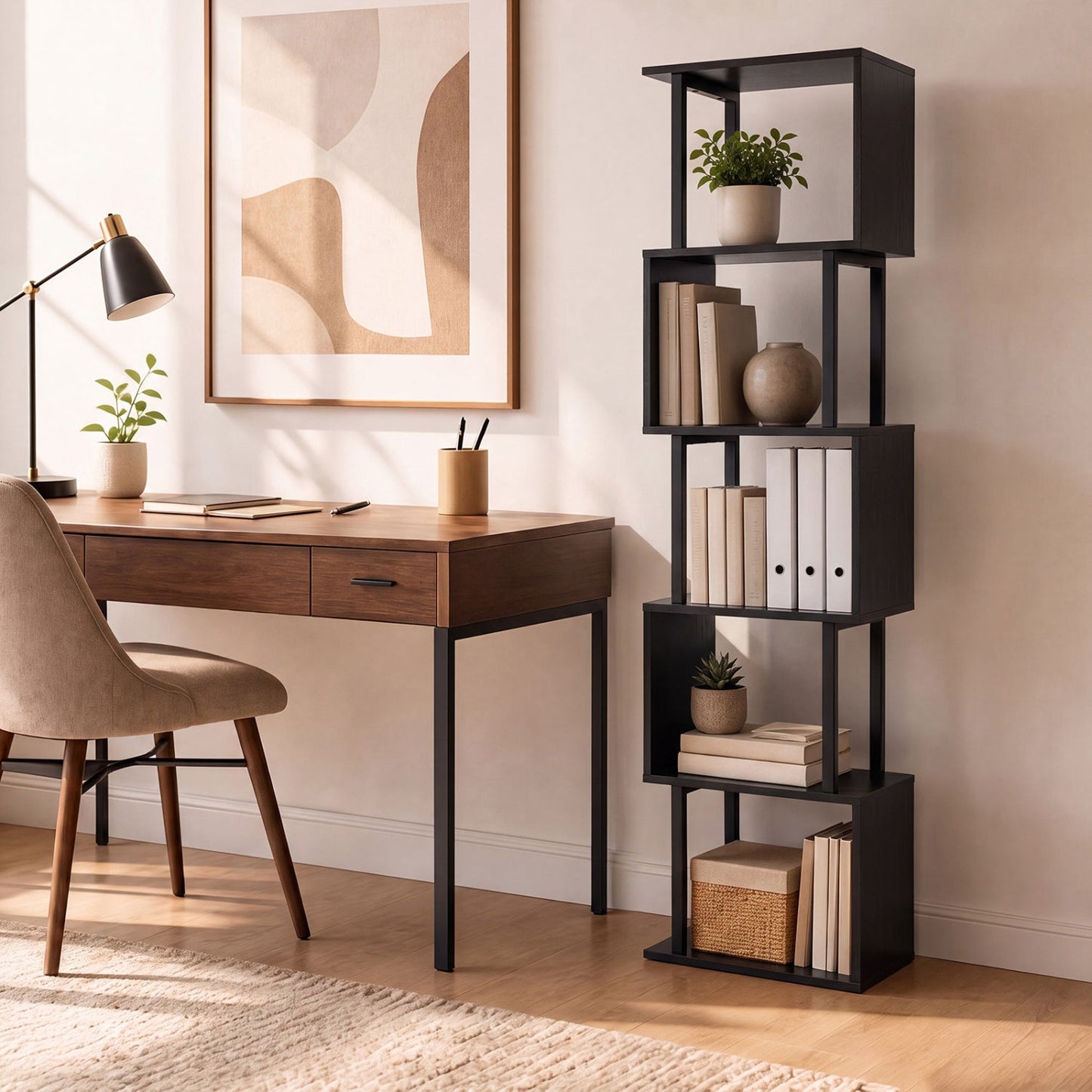 5-Tier S-Shaped Bookcase by DirectDeals, black finish with open cube shelves and anti-tip kit on Tampa Home & Garden Store