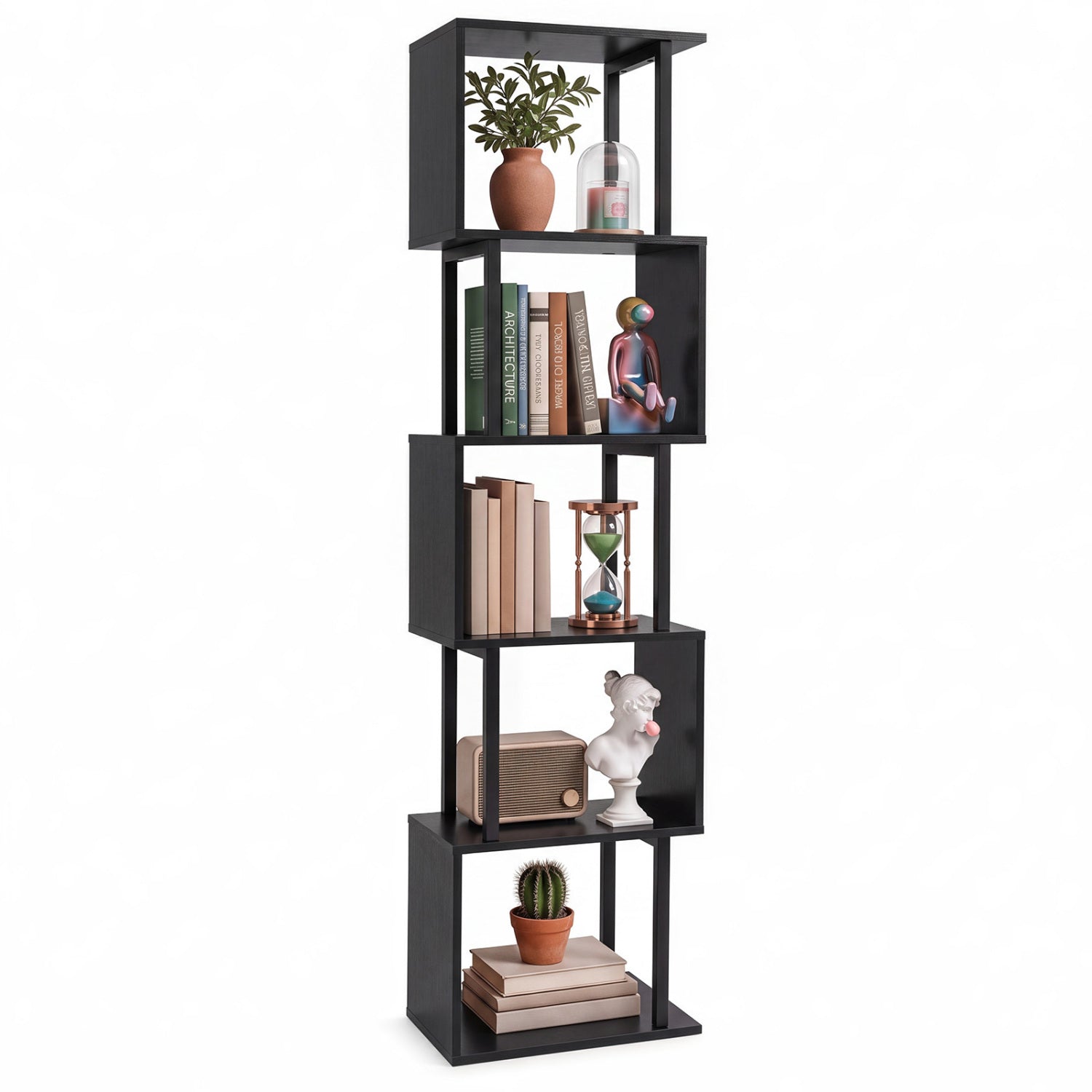 5-Tier S-Shaped Bookcase with Open Cubes & Anti-Tip Kit, Black Wood, DirectDeals on Tampa Home & Garden Store