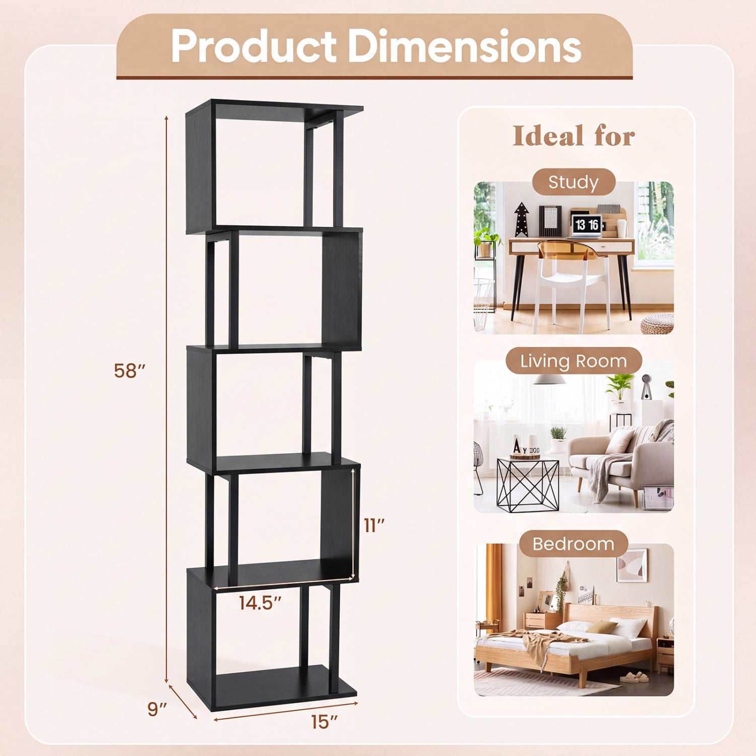 5-Tier S-Shaped Bookshelf with open cube shelves in black finish, DirectDeals, anti-tip kit on Tampa Home & Garden Store