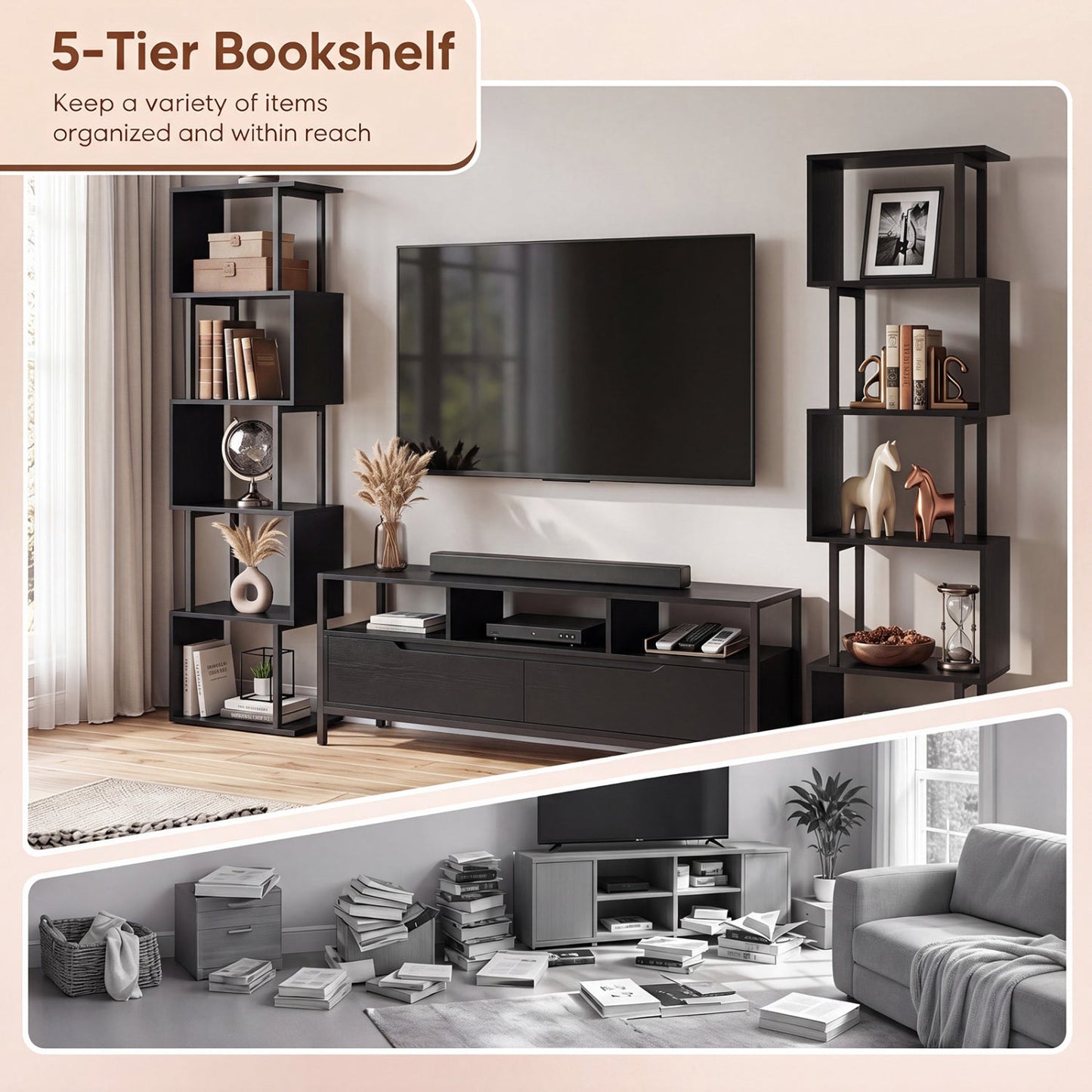 5-Tier S-Shaped Bookcase with open cubes and anti-tip kit, two black metal units flanking a TV on Tampa Home & Garden Store