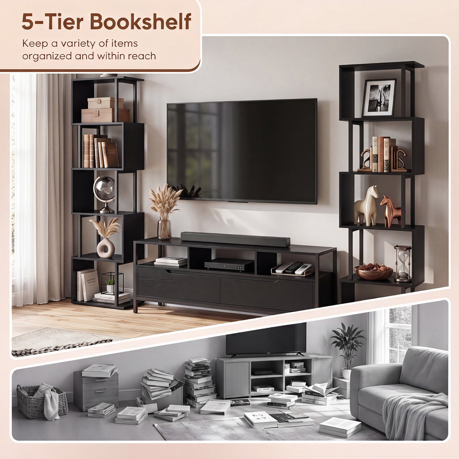 5-Tier S-Shaped Bookcase with open cubes and anti-tip kit, two black metal units flanking a TV on Tampa Home & Garden Store