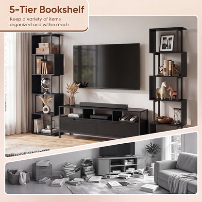 5-Tier S-Shaped Bookcase with open cubes and anti-tip kit, two black metal units flanking a TV on Tampa Home & Garden Store