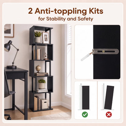 5-Tier S-Shaped Bookcase with Open Cubes, black metal frame, DirectDeals anti-tip kit included on Tampa Home & Garden Store