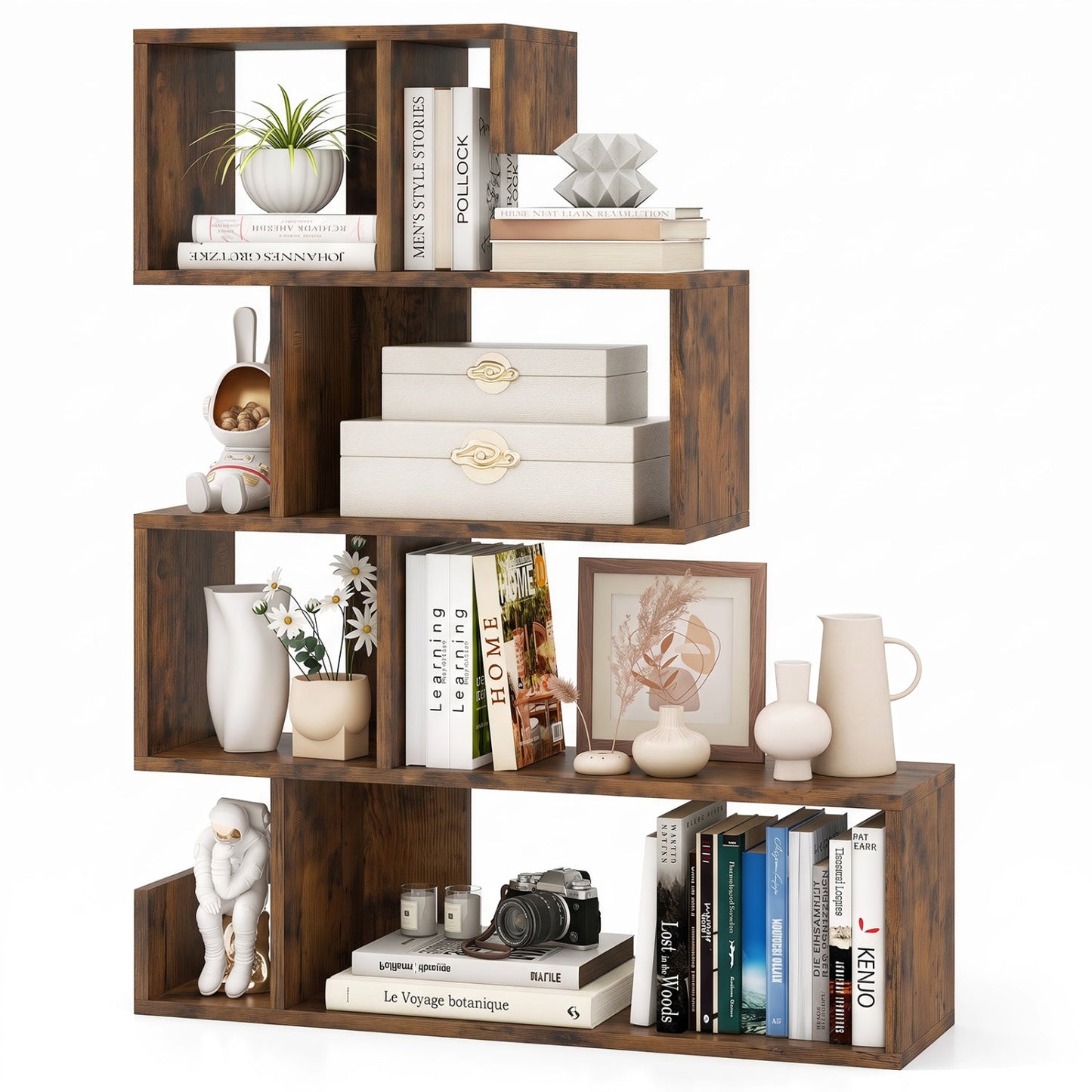 5-Tier S-Shaped Bookcase in rustic brown wood with open cube shelves and decorative items on Tampa Home & Garden Store