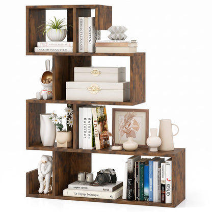 5-Tier S-Shaped Bookcase in rustic brown wood with open cube shelves and decorative items on Tampa Home & Garden Store