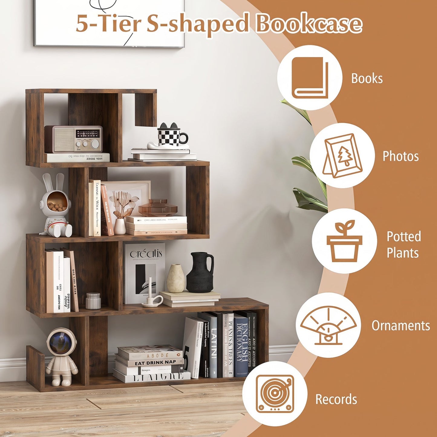 5-Tier S-shaped Bookcase rustic brown wood with open cube shelves DirectDeals on Tampa Home & Garden Store