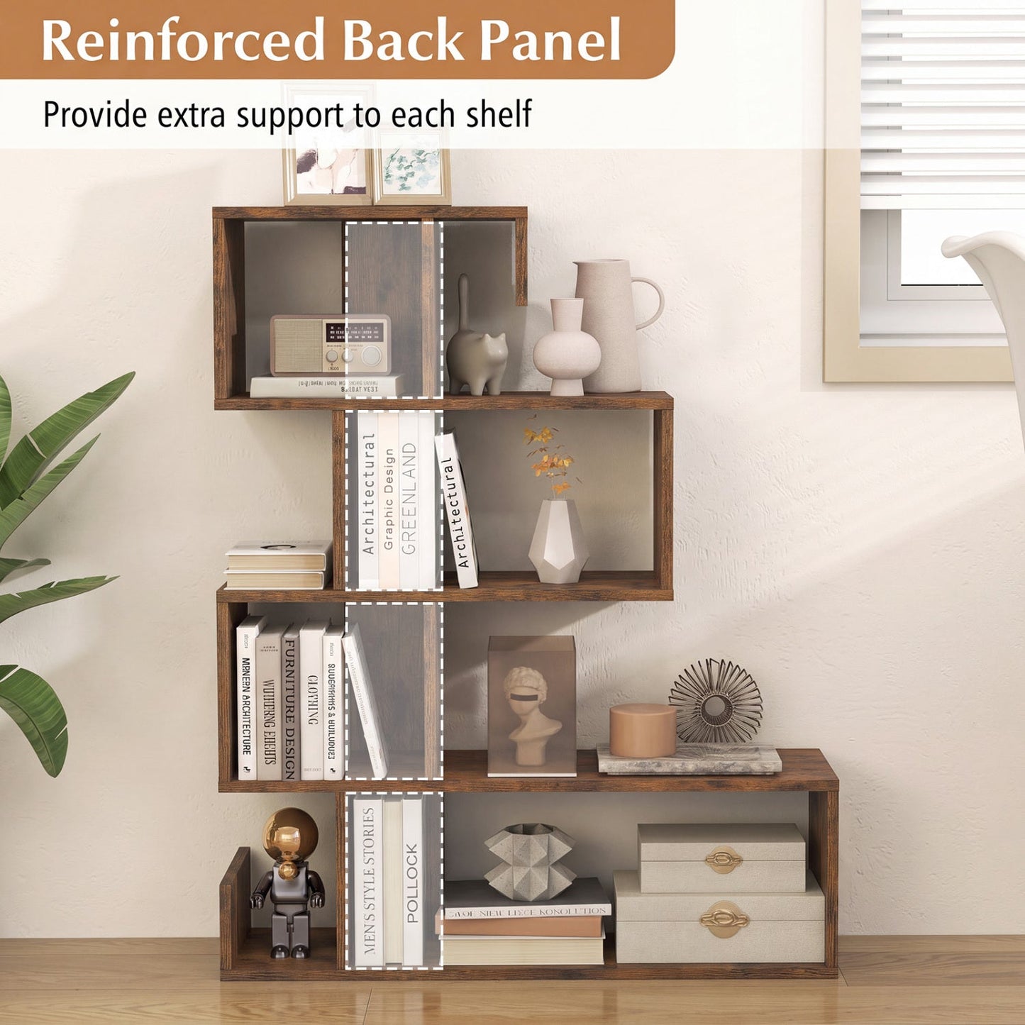 5-Tier S-Shaped Bookcase in rustic brown wood with open cube shelves DirectDeals on Tampa Home & Garden Store