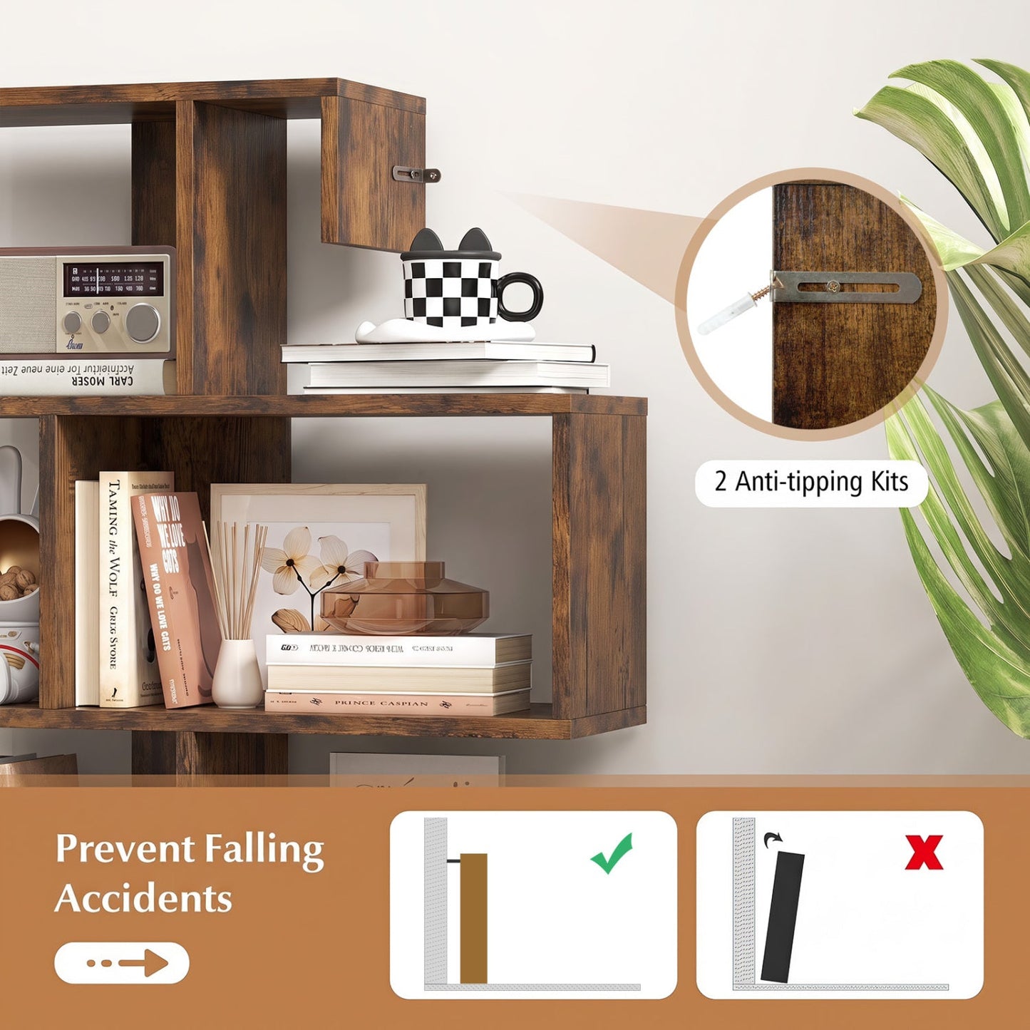 5-Tier S-Shaped Bookcase rustic brown wood with open cube shelves by DirectDeals on Tampa Home & Garden Store