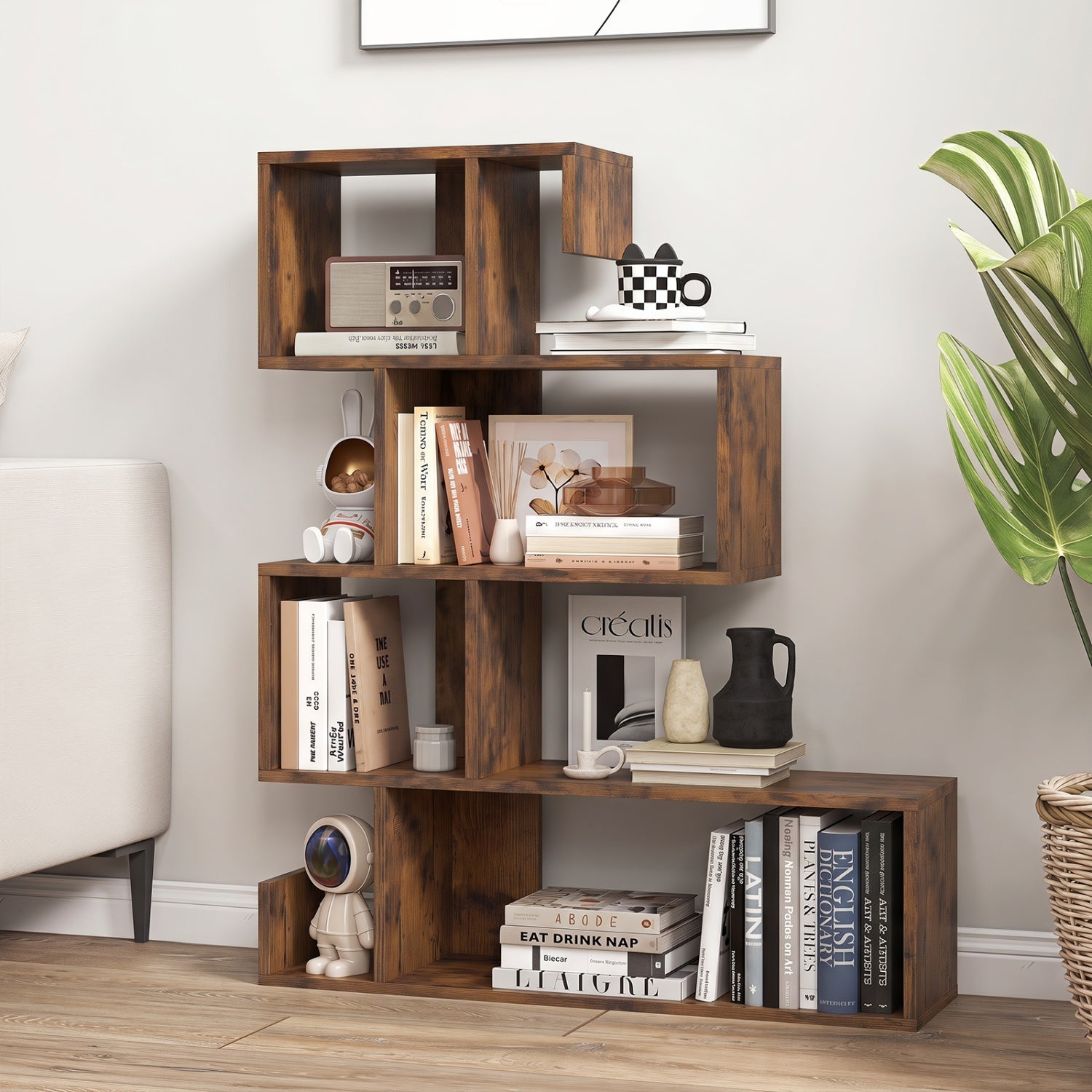5-Tier S-Shaped Bookcase with open cube shelves in rustic brown DirectDeals, books and decor on Tampa Home & Garden Store