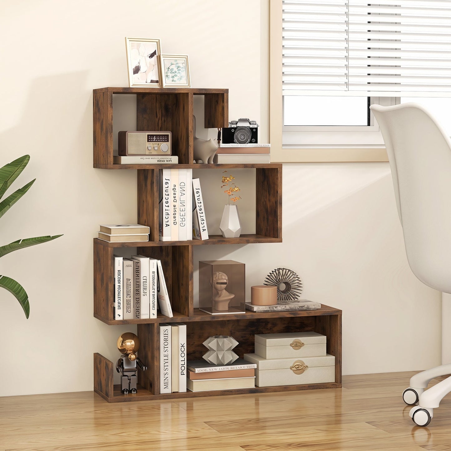 5-Tier S-Shaped Bookshelf with Open Cubes in rustic brown wood, DirectDeals bookcase on Tampa Home & Garden Store