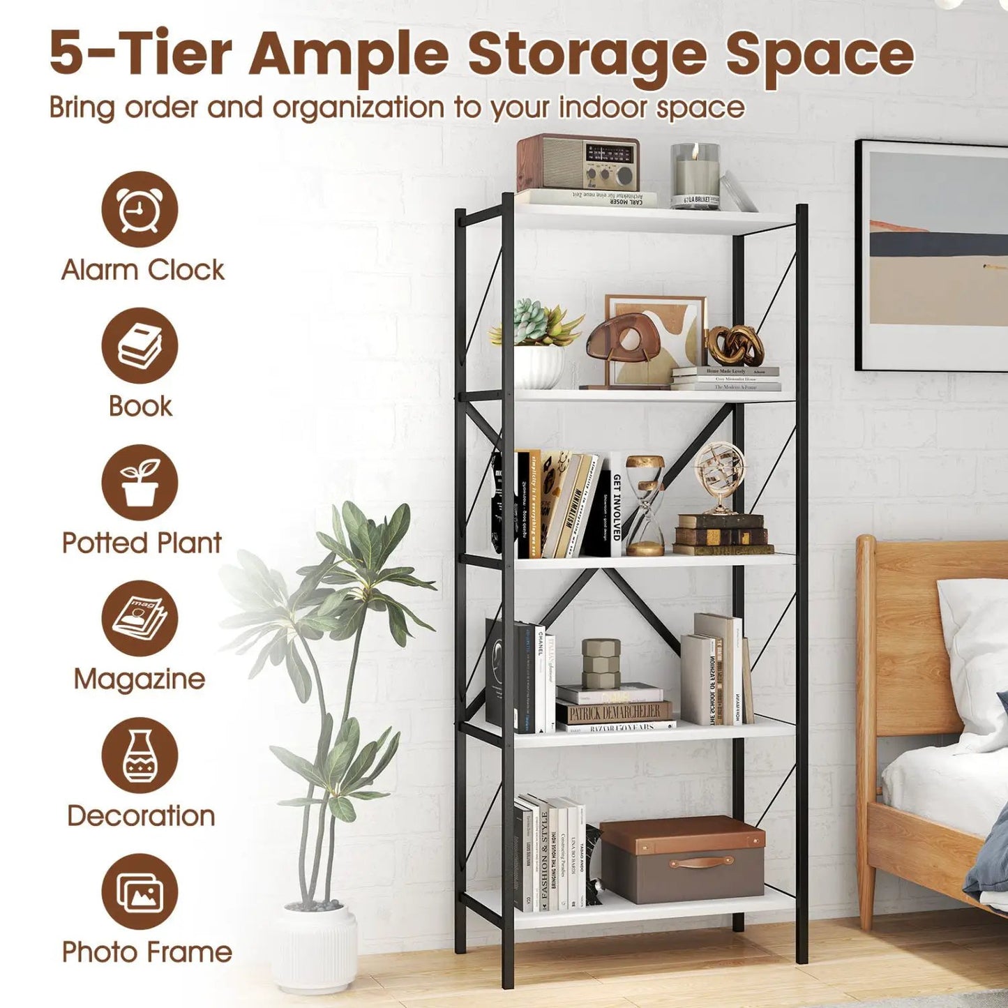 5 Tier Bookshelf With Heavy Duty Metal Frame