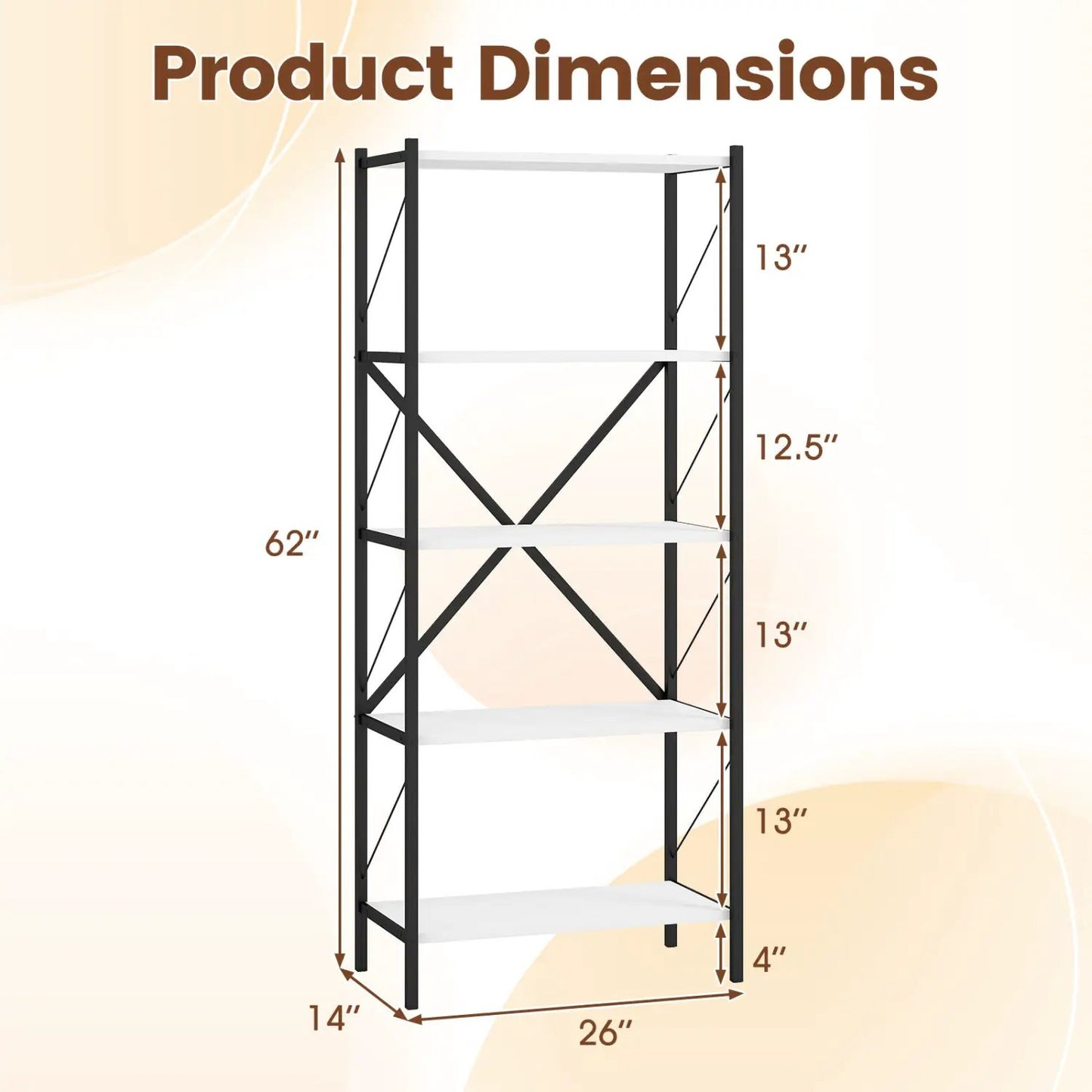 5 Tier Bookshelf With Heavy Duty Metal Frame