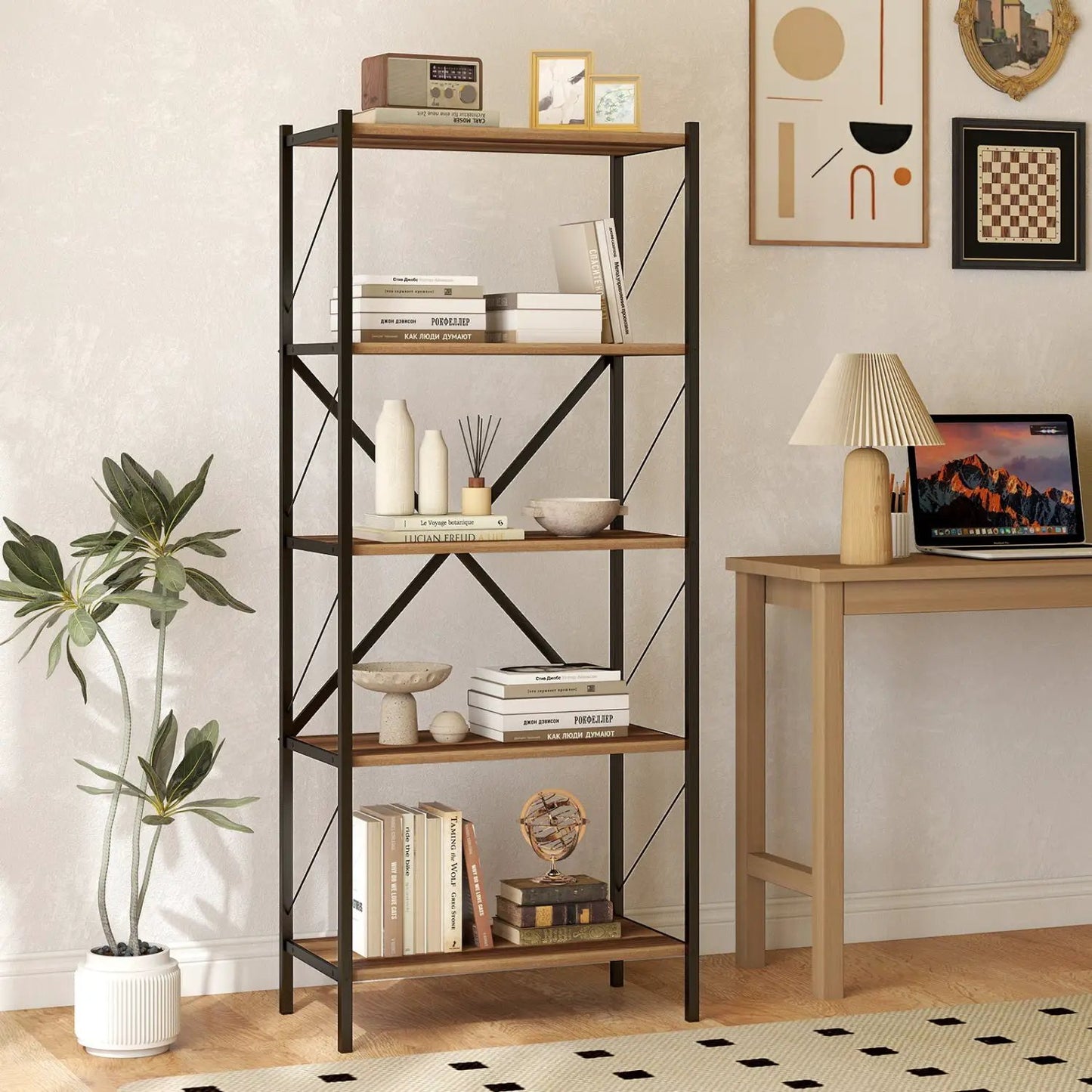 5 Tier Bookshelf With Heavy Duty Metal Frame