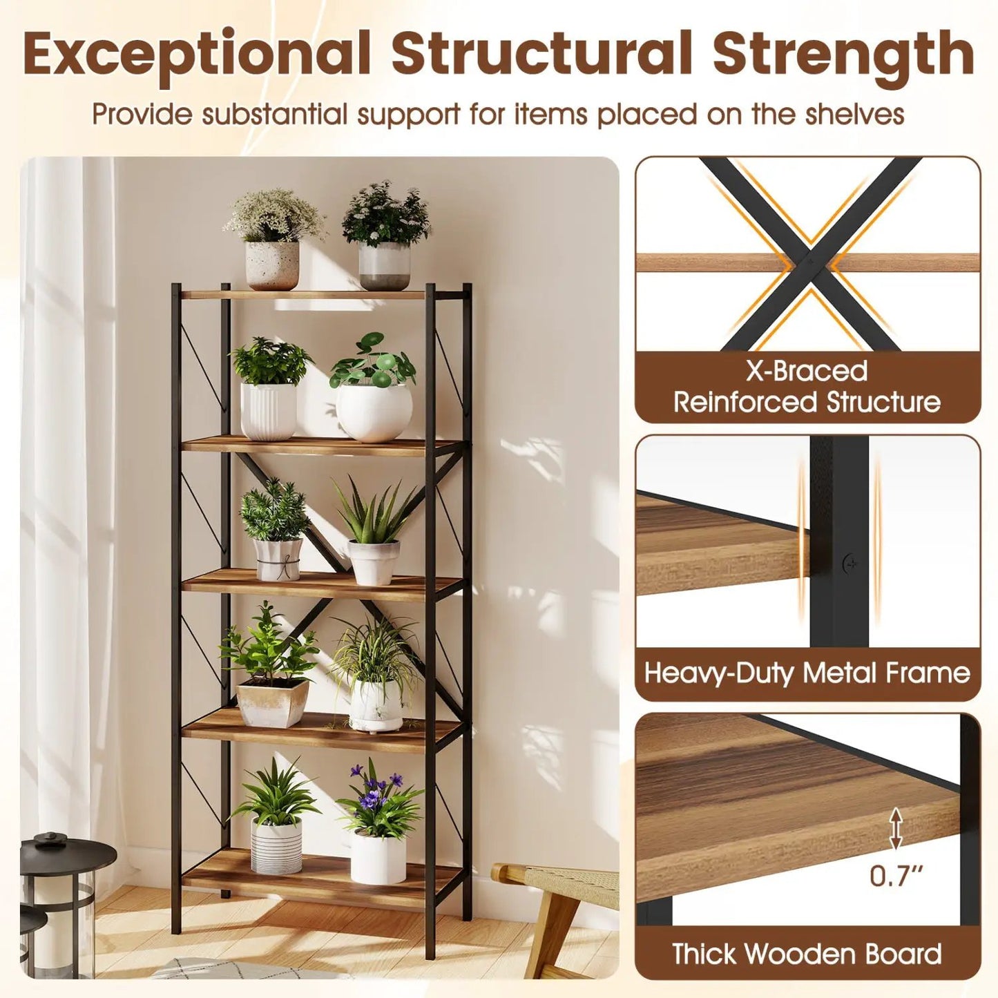 5 Tier Bookshelf With Heavy Duty Metal Frame