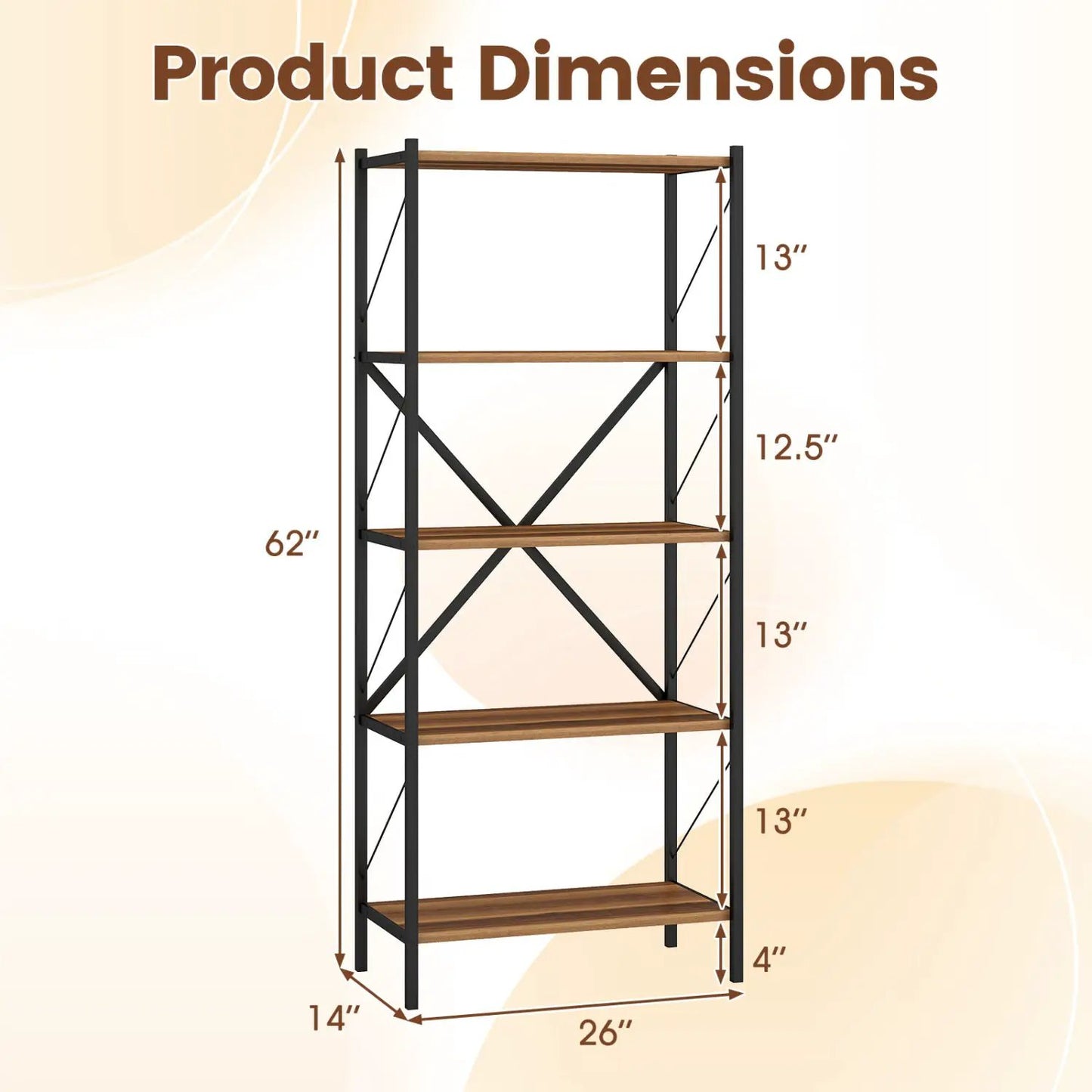 5 Tier Bookshelf With Heavy Duty Metal Frame