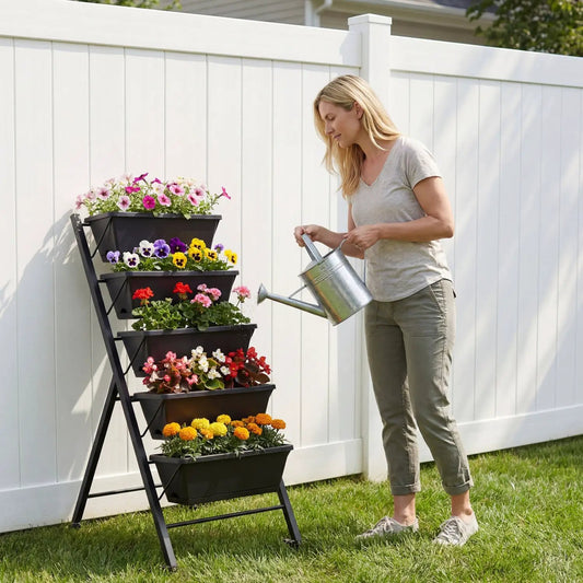 DirectDeals 5-Tier Vertical Garden Bed with Wheels plant stand in black, filled with flowers on Tampa Home & Garden Store
