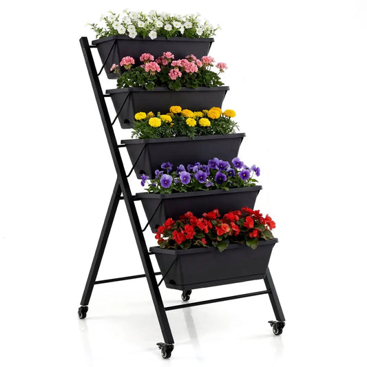 5-Tier Vertical Garden Bed with Wheels plant stand in black steel colorful blooms DirectDeals on Tampa Home & Garden Store