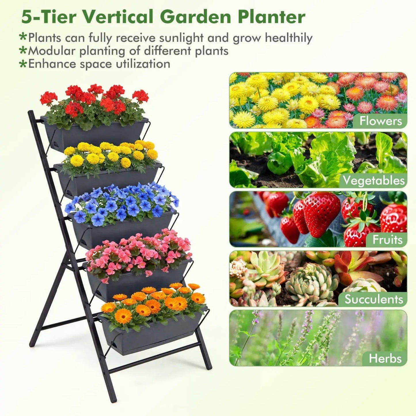 5 Tier Vertical Garden Bed with Drains and Trays