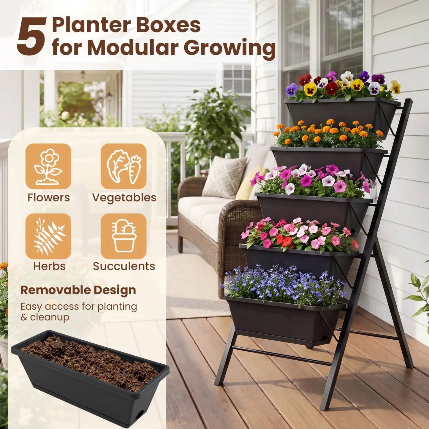 5-Tier Vertical Garden Bed with Drainage Holes