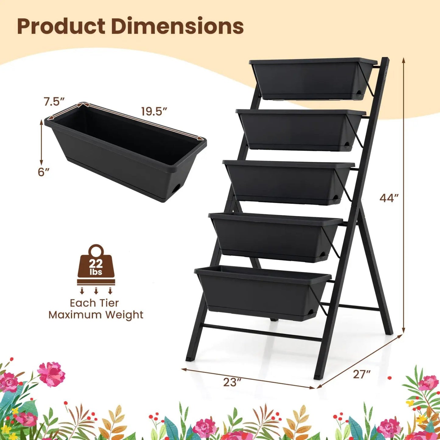 5-Tier Vertical Garden Bed with Drainage Holes