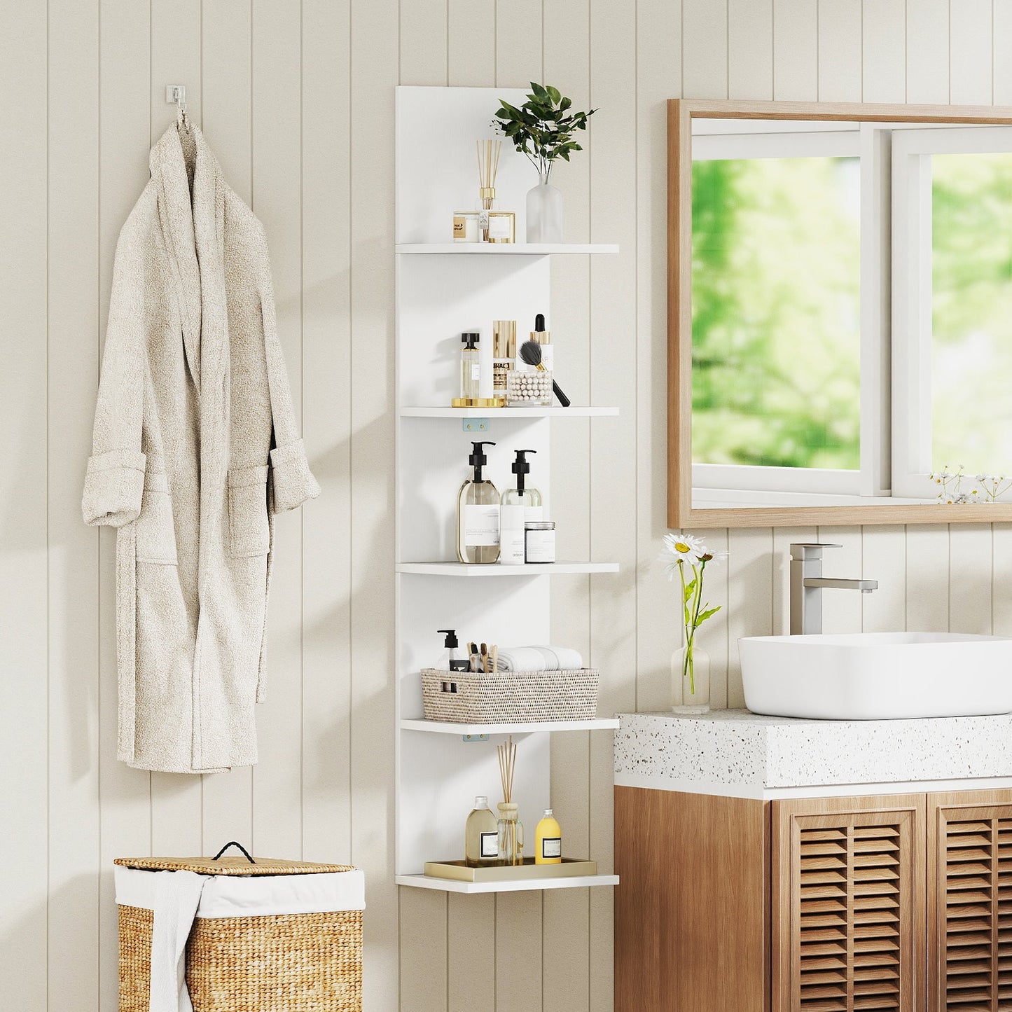 5-Tier Wall Mounted Shelf Unit with Wood Grain