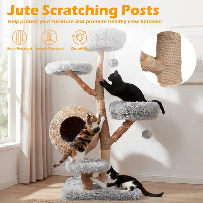 5-Tier Wooden Cat Tree With Woven Condo Perches