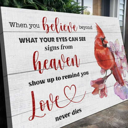 When You Believe Beyond Faith II canvas sign with red script on white wood and cardinal on Tampa Home & Garden Store