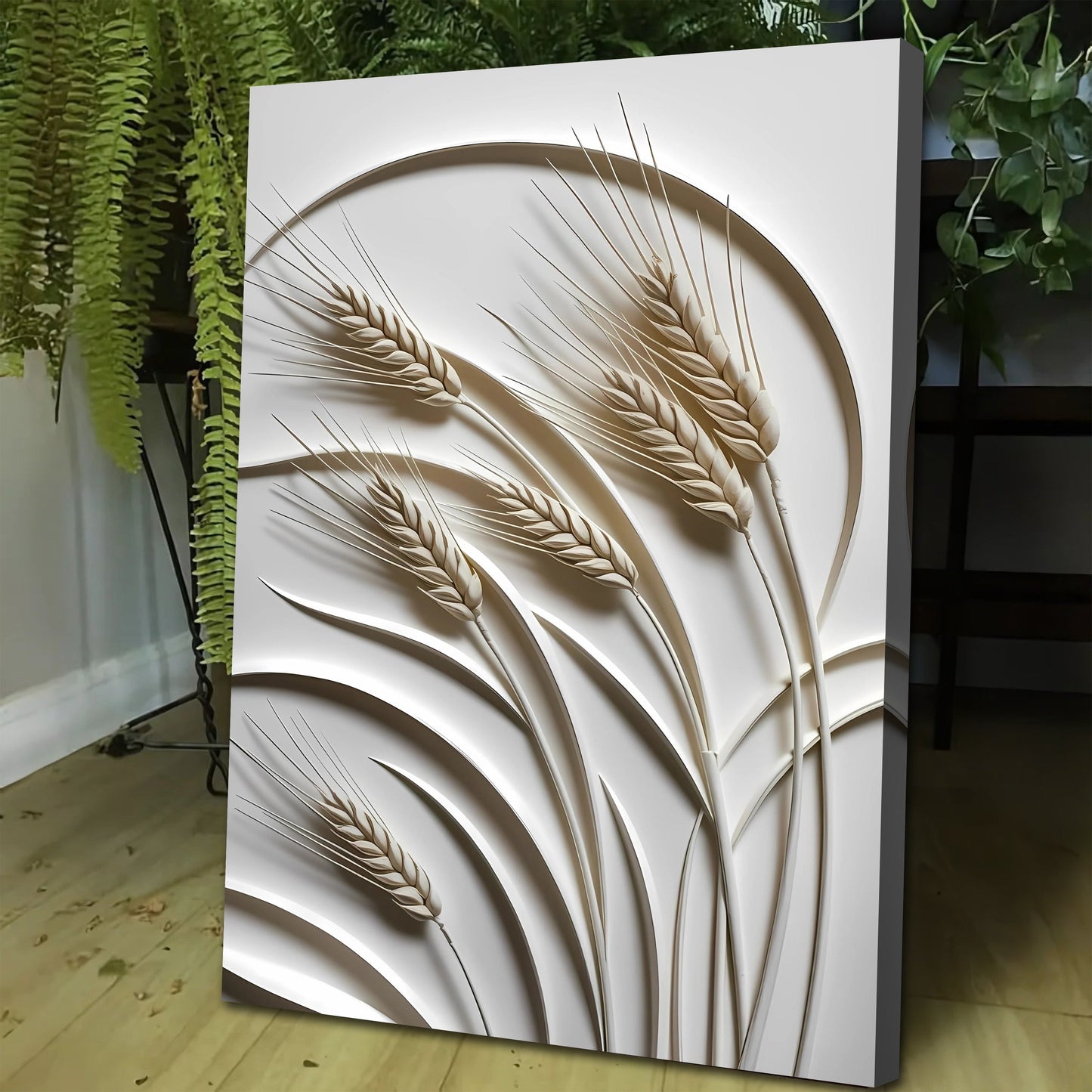 3D Minimalist Wheat Wall Art canvas by Tailored Canvases, beige wheat stalks on white on Tampa Home & Garden Store
