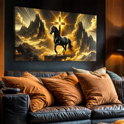 Canvas: 3D Horse Faith by Tailored Canvases, black horse amid golden clouds and cross on Tampa Home & Garden Store