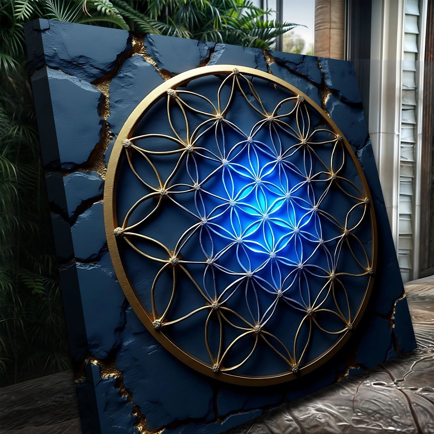 Flower Of Life Wall Art II canvas, Tailored Canvases, deep blue with gold geometric lattice on Tampa Home & Garden Store