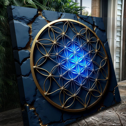 Flower Of Life Wall Art II canvas, Tailored Canvases, deep blue with gold geometric lattice on Tampa Home & Garden Store