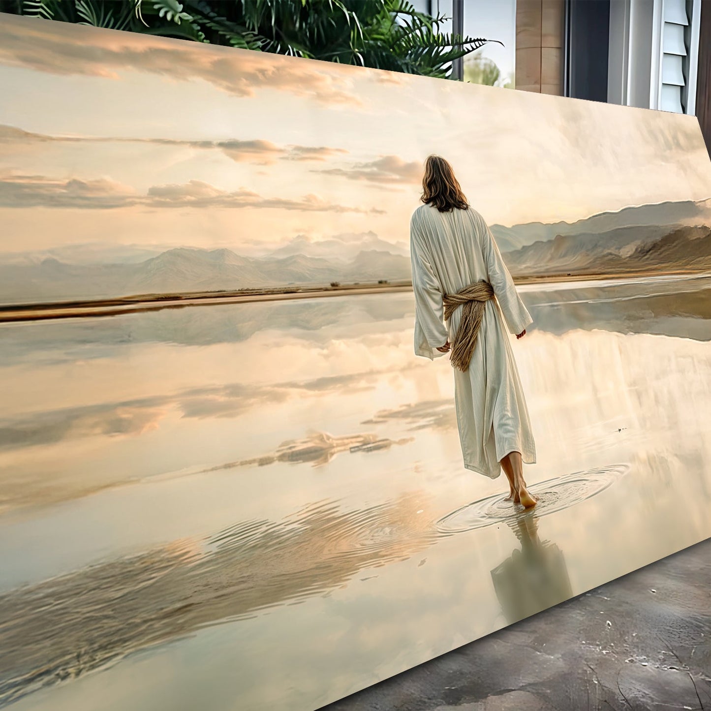 Reflections Faith Wall IX canvas by Tailored Canvases; robed figure on water mountains at sunset on Tampa Home & Garden Store
