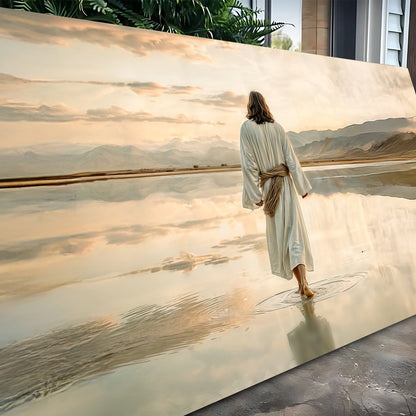 Reflections Faith Wall IX canvas by Tailored Canvases; robed figure on water mountains at sunset on Tampa Home & Garden Store