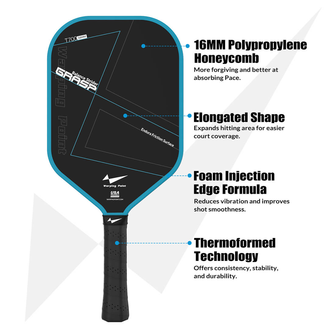 Grasp Pickleball Paddle 16mm polypropylene honeycomb core black face turquoise trim WarpingPoint on Tampa Home & Garden Store