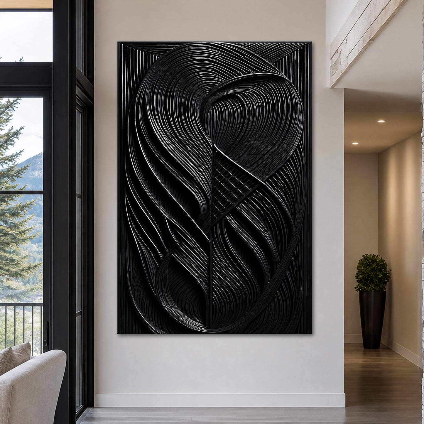 Modern Black Waves Wall Art canvas with swirling lines by Tailored Canvases on Tampa Home & Garden Store