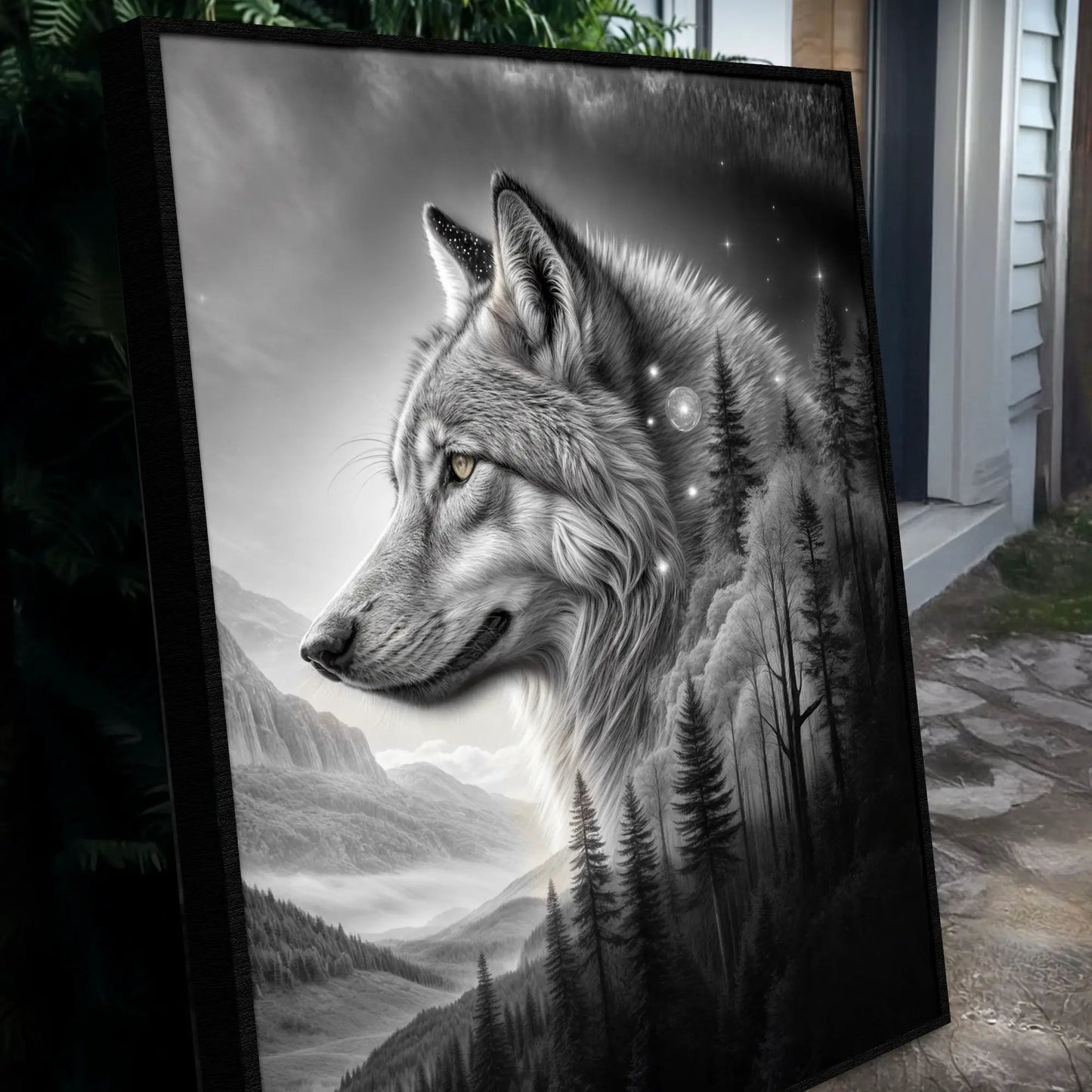 Wolf Double Exposure Wall Art II Canvas by Tailored Canvases, grayscale wolf with mountains on Tampa Home & Garden Store