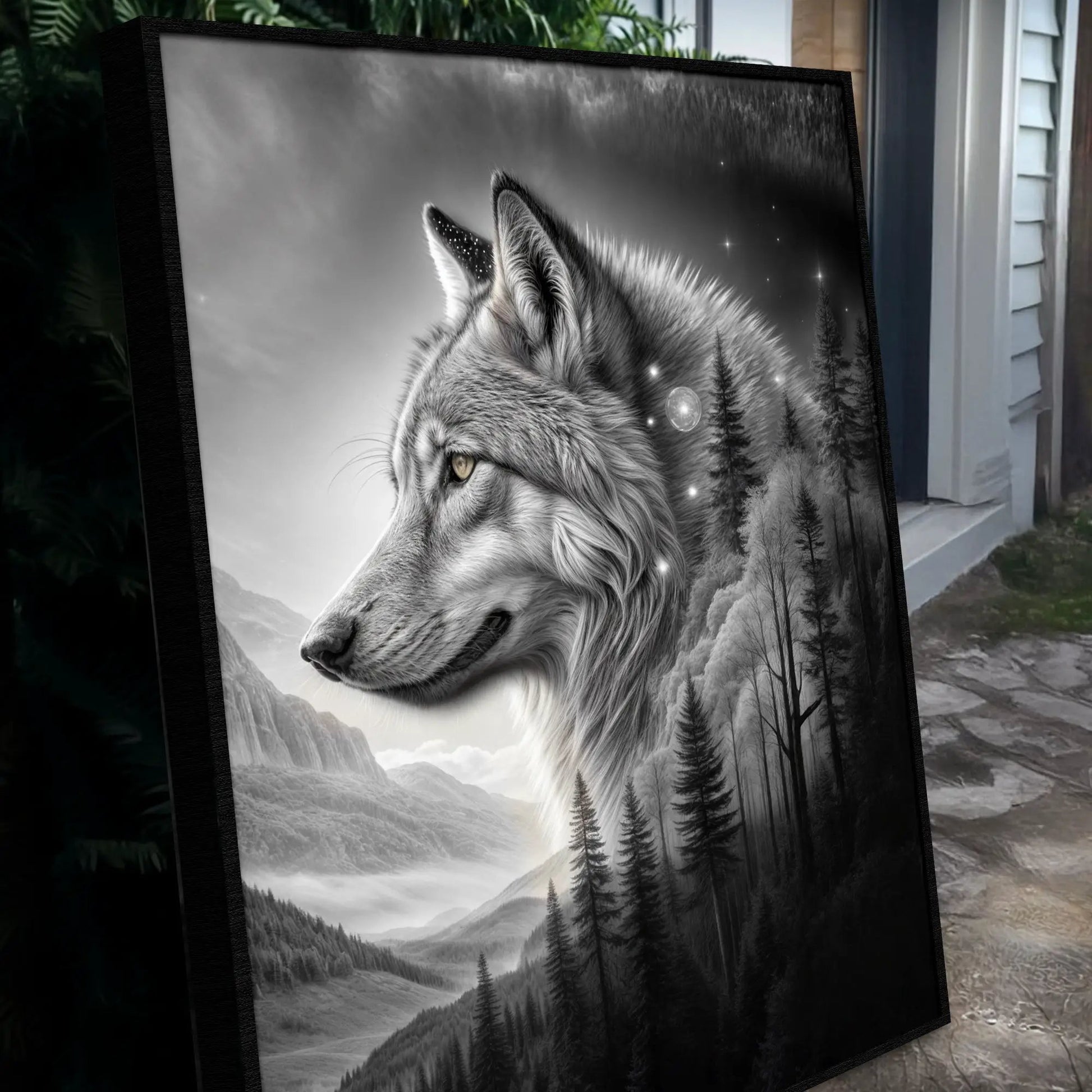 Wolf Double Exposure Wall Art II Canvas by Tailored Canvases, grayscale wolf with mountains on Tampa Home & Garden Store