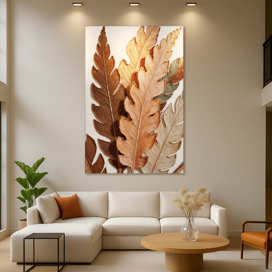 Abstract Autumn Leaves canvas wall art by Tailored Canvases featuring earthy brown leaves on beige wall on Tampa Home & Garden Store