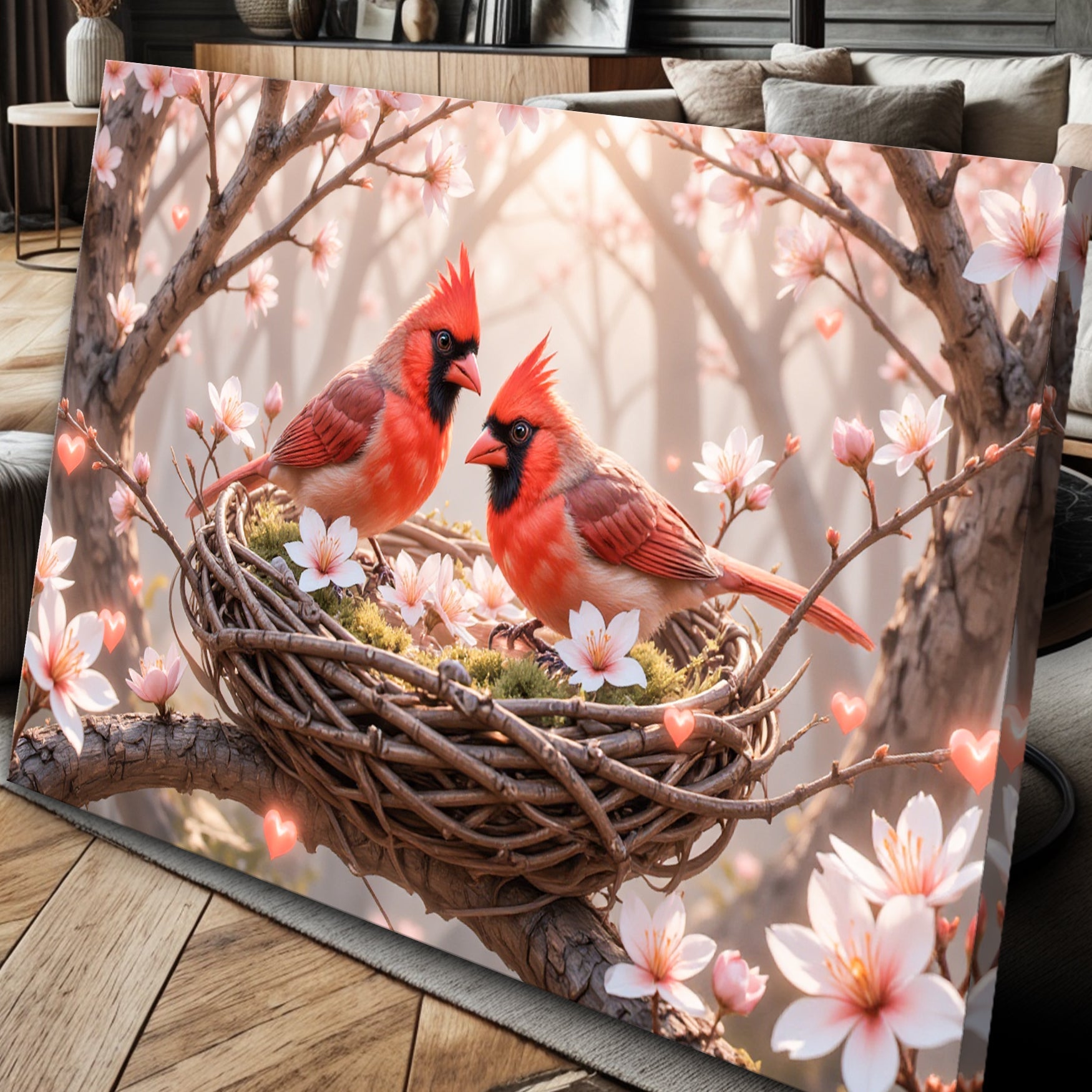 3D Cardinals Wall Art canvas Tailored Canvases with 2 red cardinals in a nest among pink blooms on Tampa Home & Garden Store