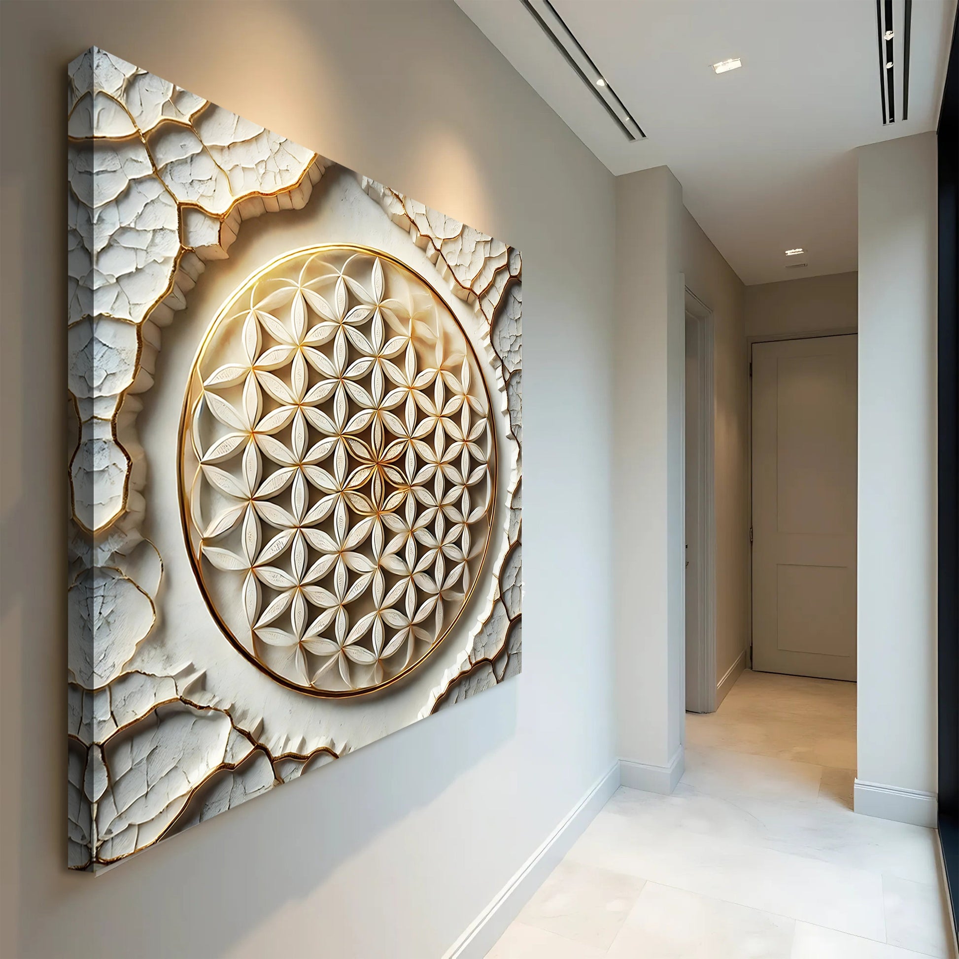 Flower Of Life Wall Art VI canvas by Tailored Canvases with gold geometric petals on white on Tampa Home & Garden Store