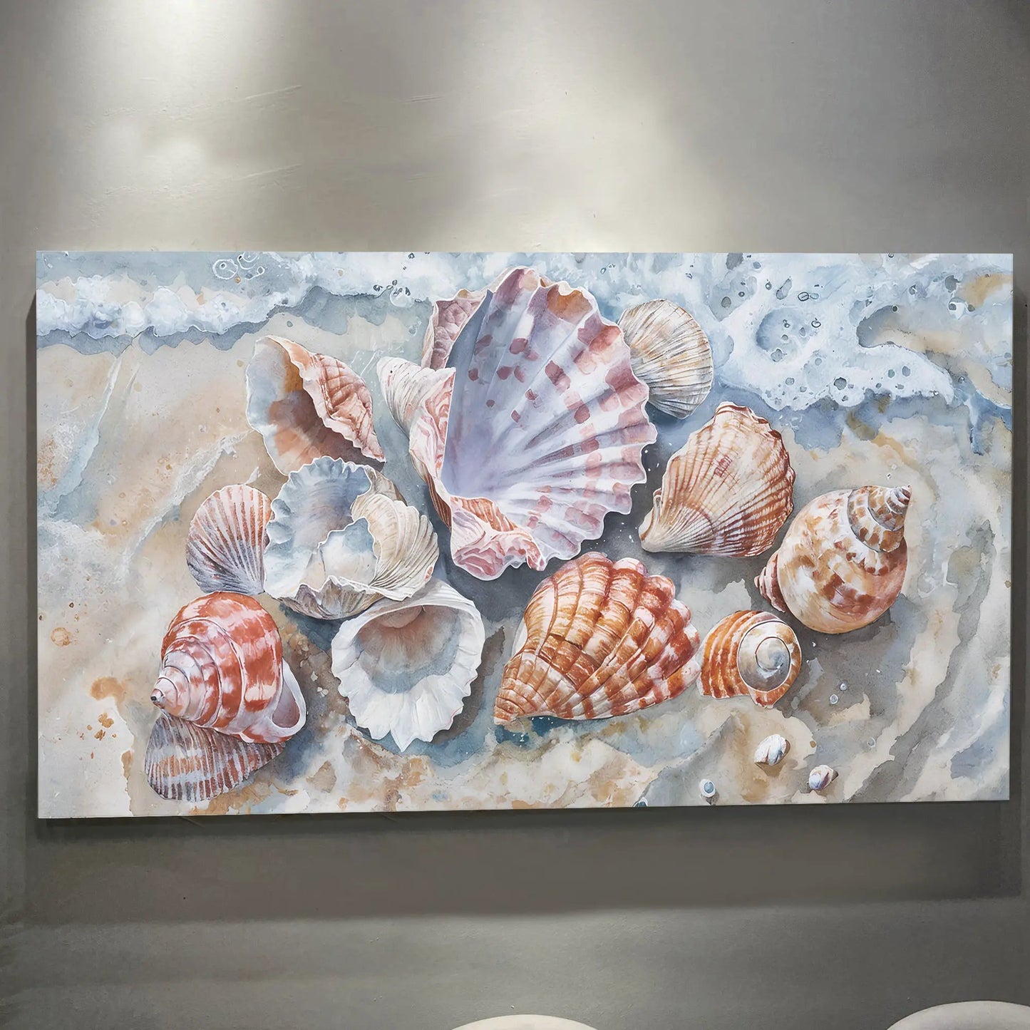 Sea Shells Modern Wall Art canvas seashell collage on blue backdrop Tailored Canvases on Tampa Home & Garden Store