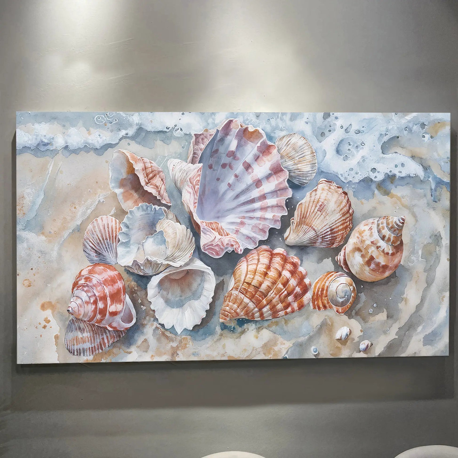 Sea Shells Modern Wall Art canvas seashell collage on blue backdrop Tailored Canvases on Tampa Home & Garden Store