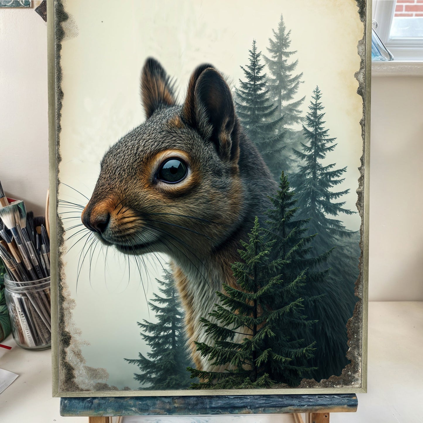Squirrel Double Exposure canvas wall art with forest backdrop in earthy tones Tailored Canvases on Tampa Home & Garden Store