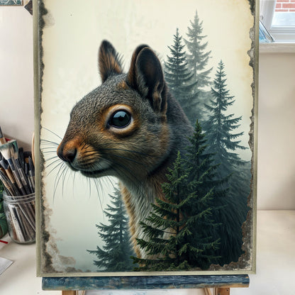 Squirrel Double Exposure canvas wall art with forest backdrop in earthy tones Tailored Canvases on Tampa Home & Garden Store