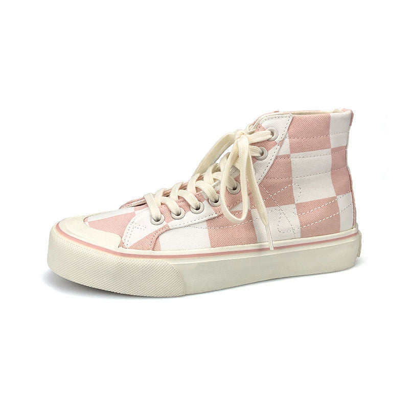 Stevvex pink checkered high-top canvas sneaker with cream laces on Tampa Home & Garden Store