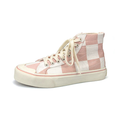 Stevvex pink checkered high-top canvas sneaker with cream laces on Tampa Home & Garden Store